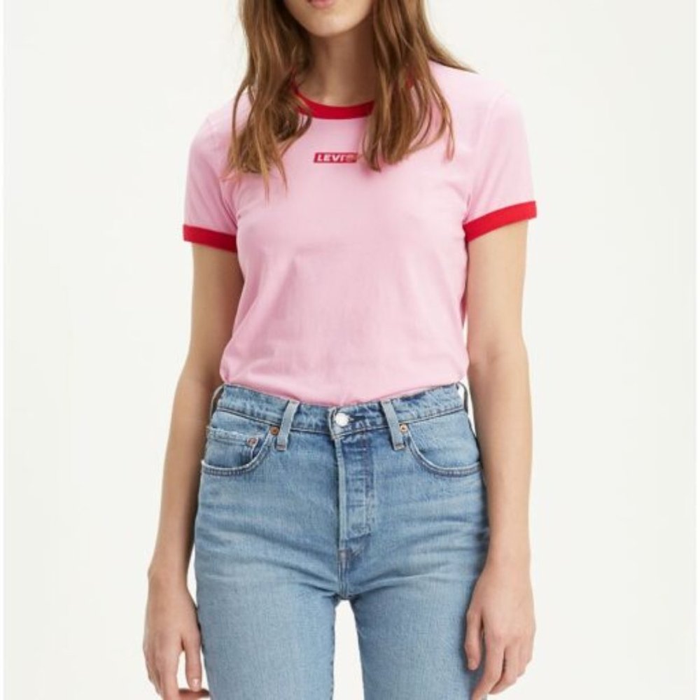 Women's Levi's Perfect Ringer Graphic Tee Shirt T-Shirt Top Pink Red Sz XXS VGC